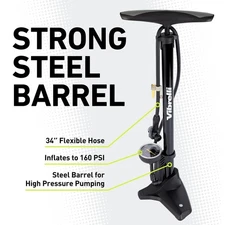 Vibrelli Bike Floor Pump with Gauge - High Pressure 160 PSI - Presta Valve Bike