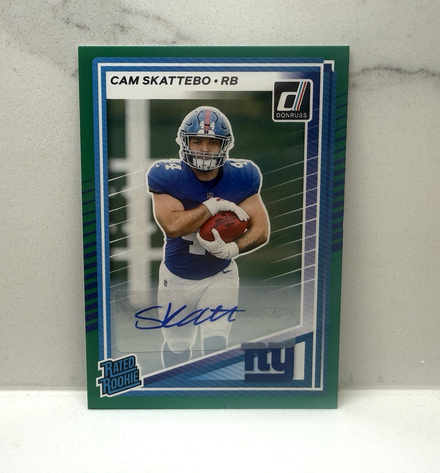 2025 Donruss Cam Skattebo #302 Green Press Proof Rated Rookie Auto Giants RC