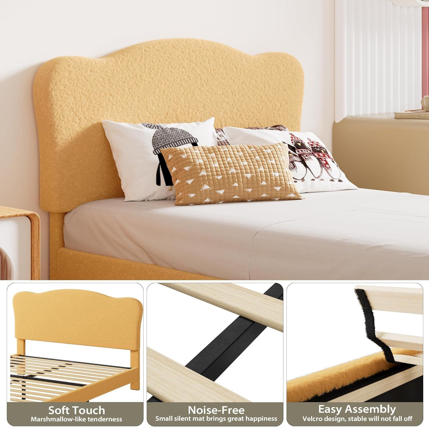 Stylish Yellow Kids Full Size Bed Frame with Adjustable Headboard, Easy Assembly