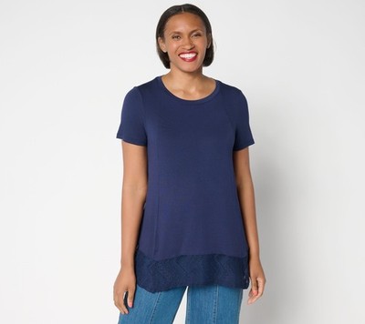 LOGO by Lori Goldstein Layers Regular Short Sleeve Tee with Lace Trim Peacoat XL