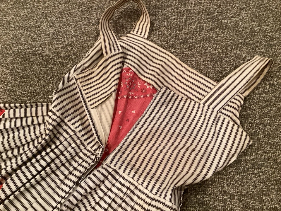 Vintage 1960s Handkerchief Sundress Cotton Blend Red Blue Ticking Med - Image 4 of 4