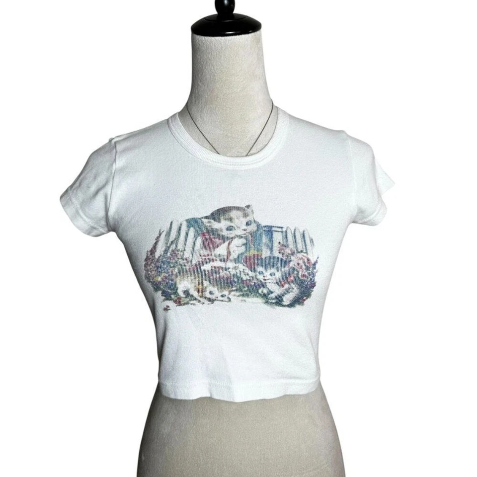 Brandy Melville Y2K Cat Graphic Baby Tee | Cropped Top S | Ashlyn Kitten Top - Image 4 of 4