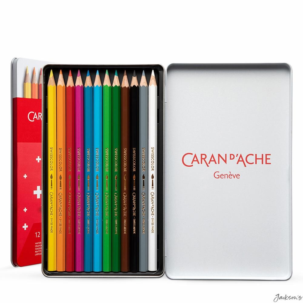 Caran d'Ache Swisscolor Watercolour Pencils FSC Cedar Wood 12 Metal Tin Art