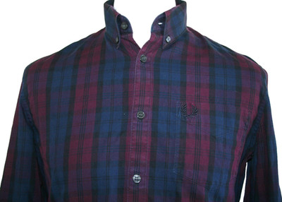 Fred Perry Herren Karohemd - M - Mahagoni Rot/Marineblau - Mod 60s Ska Top
