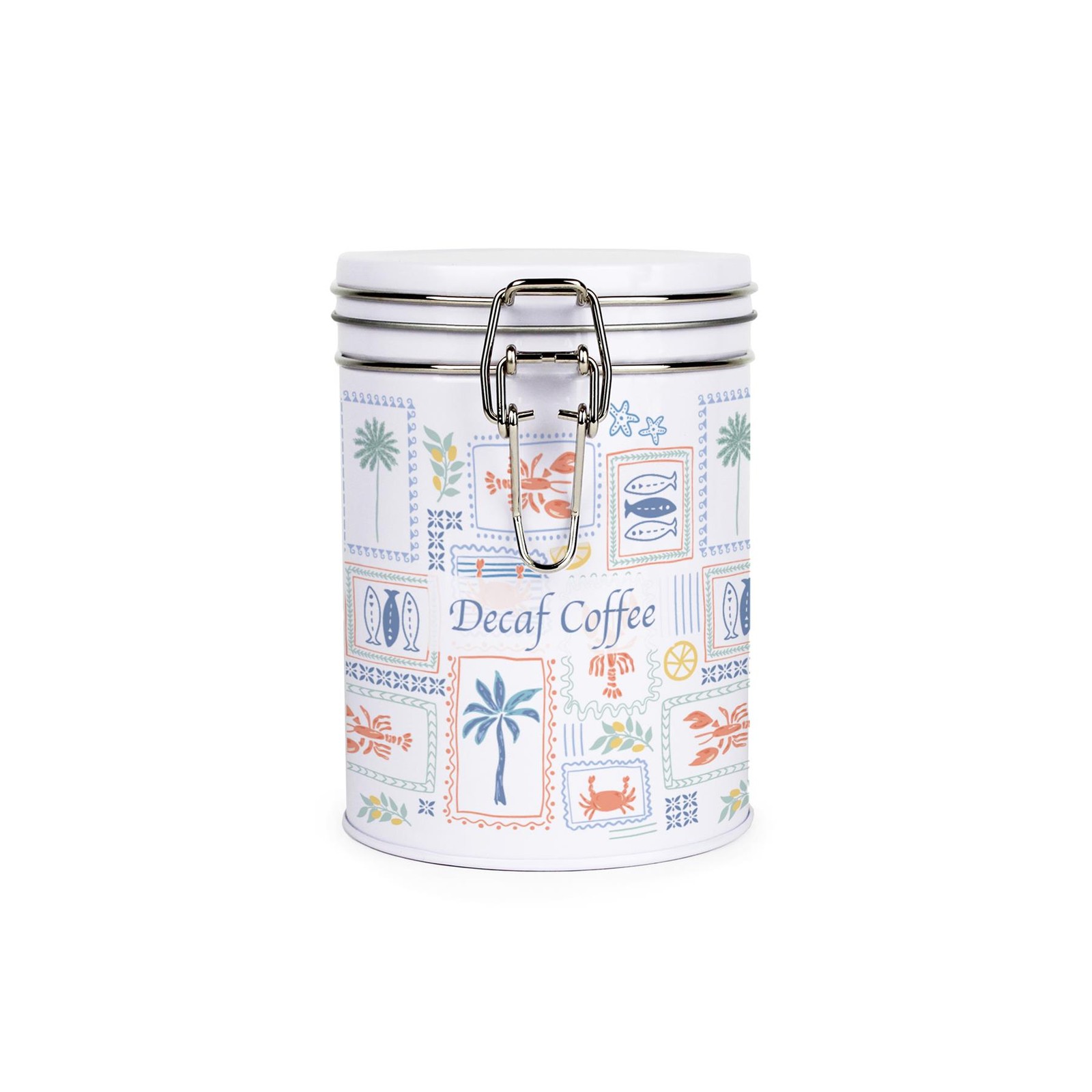 Mediterranean Summer Decaf Coffee Canister - Metal Clip Lid Kitchen Storage Gift