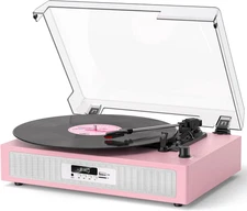 Pink Record Player with Speakers, Bluetooth Vinyl Turntable 3-Speed Belt-Drive, 