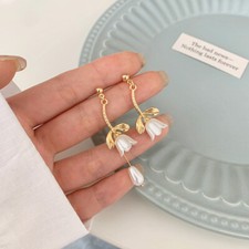 Lovely White Lily Of The Valley Flower Ear Stud Pearl Dangle Earrings