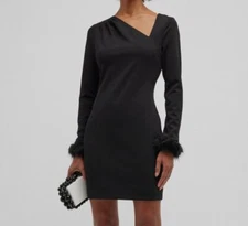 $355 One33 Social Women Black Asymmetric Neck Faux Fur Mini Sheath Dress Size 0