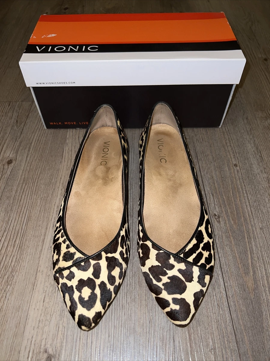 Vionic Womens Size 7.5 Flat Shoes Leopard Print Point Toe Calf Hair Arch Support
