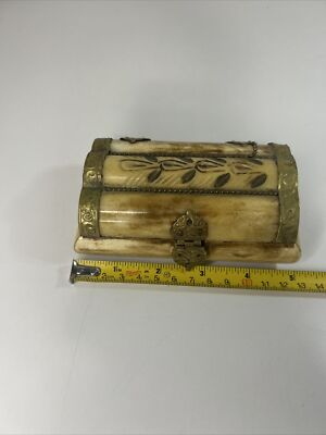 Vintage Trinket Treasure Box Hinged Camel Bone Hand Crafted Brass Embellished