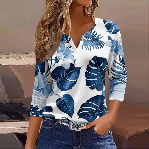 Womens Tops Casual Blouses Tops 3/4 Sleeve V Neck Tunic Top Loose Button T Shirt - Picture 8 of 18