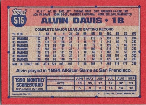 1991 Topps - Alvin Davis #515 - Foto 2 di 2