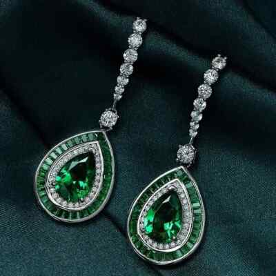 Wedding Drop & Dangle Earring 14K White Gold Finish Simulated Pear Cut Emerald