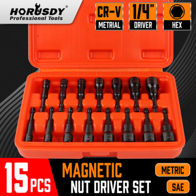 15pc Magnetic Nut Driver Setter Bit Nut Driver MM & SAE 1/4'' Shank Quick Change