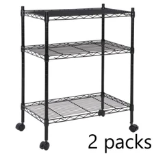 2 Pieces 3-Shelf Shelving w/ Wheels Adjustable Storage Units Steel Organizer