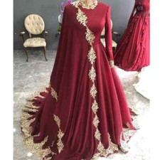 Burgundy Muslim Wedding Dresses High Neck Gold Lace Long Sleeves Applique Gowns