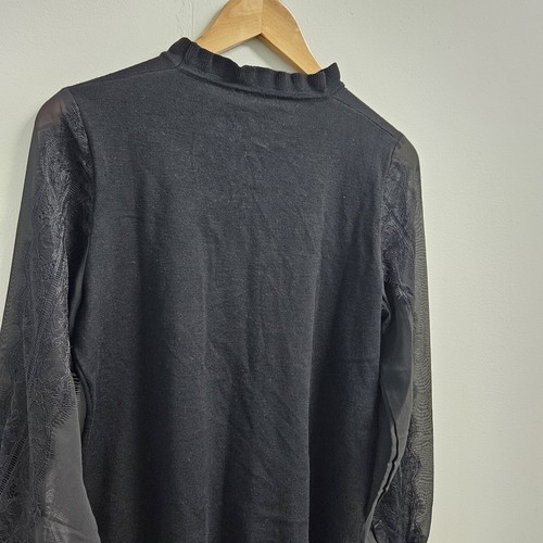 Adrianna Papell Sweater Women’s Medium Black Lace Trim Woven Sleeve Ruffle Neck - Picture 7 of 12