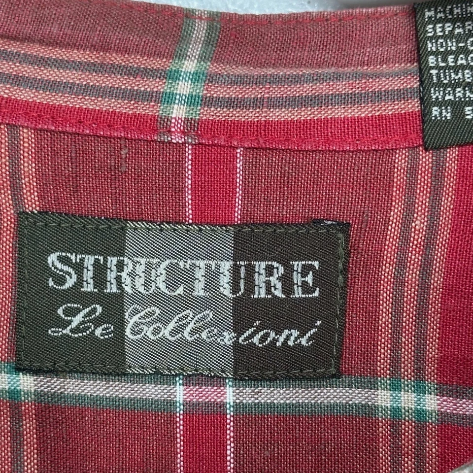 Structure Le Collezioni Linen Cotton Band Collar Shirt Men Large Red Plaid VTG - Image 3 of 4