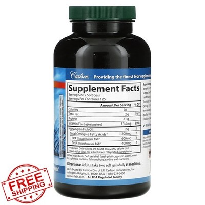 Carlson Super Omega-3 Gems 1200mg Wild Caught 250 Soft Gels