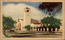 California Los Angeles Union Station clock 1930-40s car ~ postcard sku995