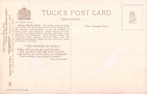 POSTCARD INDIAN ARMY SEPOYS KHYBER RIFLES TUCK - Picture 2 of 2