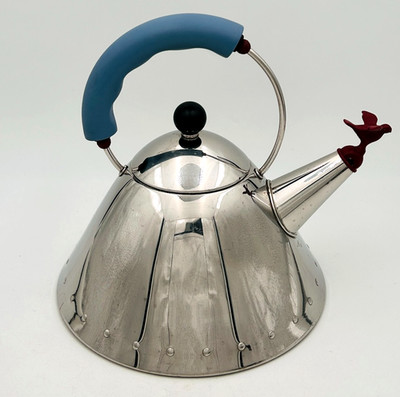 Alessi Michael Graves Tea Kettle Stainless Blue Handle Red Bird Whistle Italy