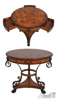 L71378: THEODORE ALEXANDER Round Iron And Burl Walnut Drum Table