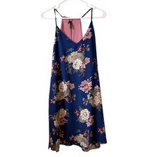 Tempted Navy Blue Floral Spaghetti Strap Mini Dress Pink Contrast Back Large