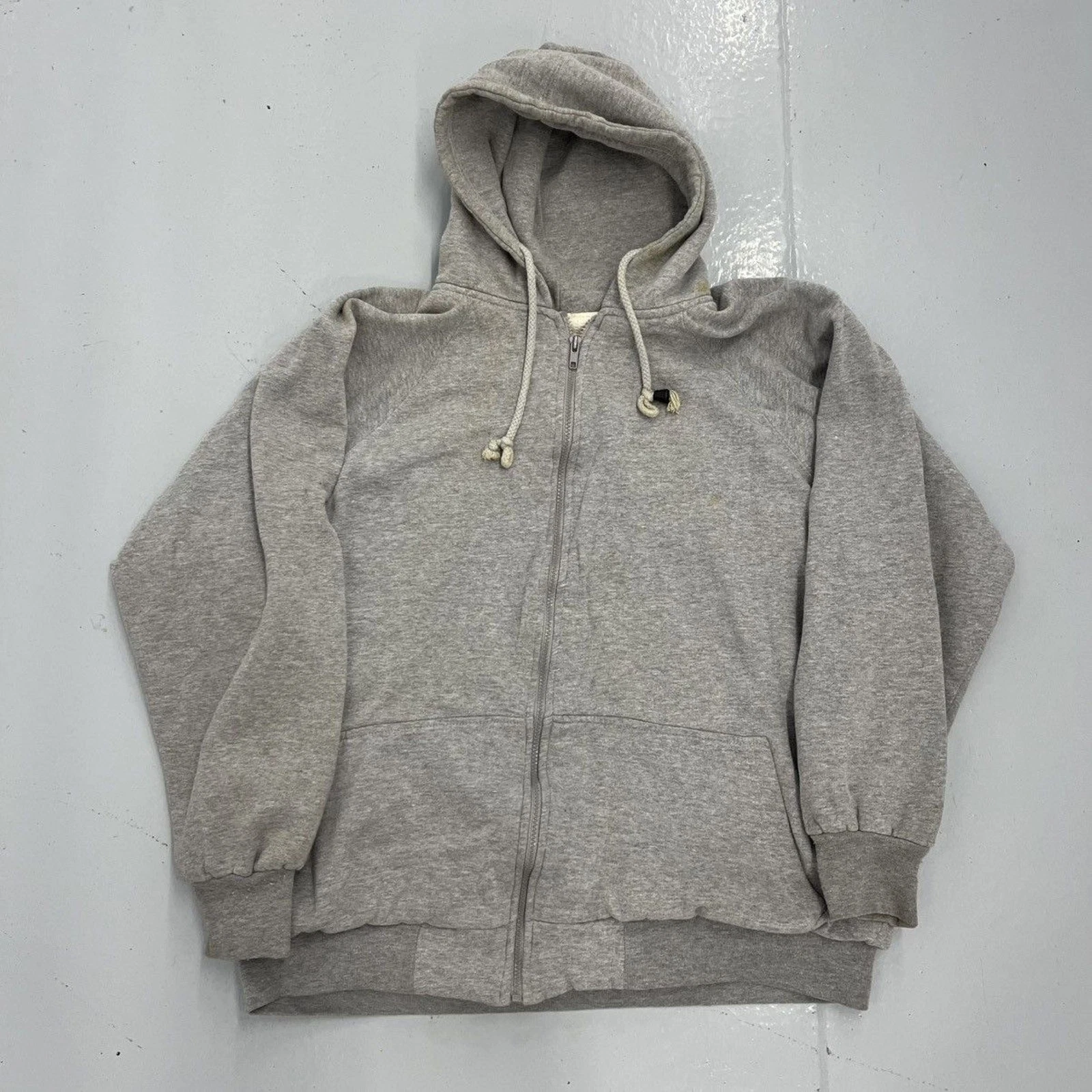 Vintage 90s Grey Cotton Thermal Lined Boxy Zip Up Hoodie 1990s