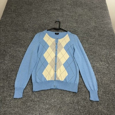 Talbots Cardigan Womens SP Blue Merino Wool Argyle Button Front Preppy Classic