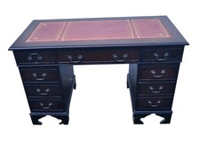 Vintage Captains Desk Red Leather Top Twin Pedestal Lockable Drawers With Key