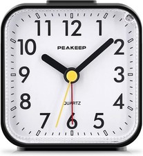 Small Battery Operated Analog Travel Alarm Clock Silent No Ticking Lighted on