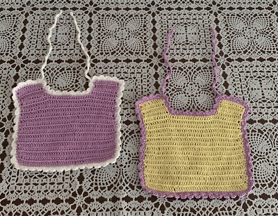 2 Handmade Crocheted Thread Baby Bibs Lavender Yellow White 5 In Brand New Gift