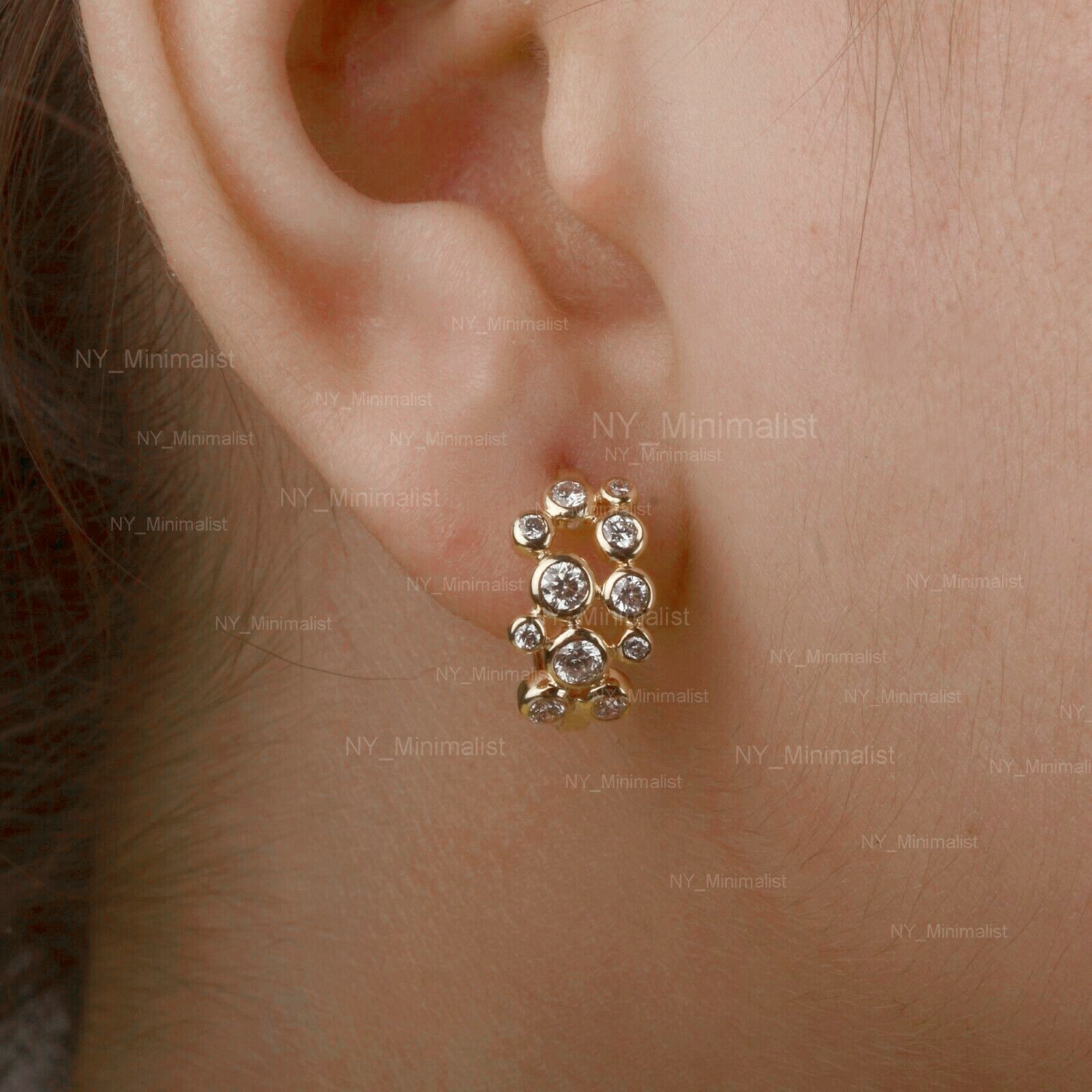 Genuine Cluster Diamond Rolo Huggie Hoop Earrings Solid 14K Yellow Gold