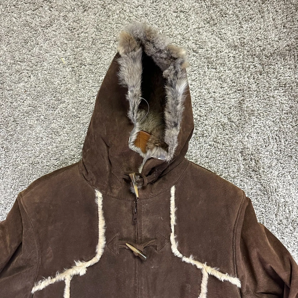 Abrigo de lona con capucha de piel de conejo de gamuza Máxima de cuero para mujer Wilson S/M etiqueta faltante Foto 3 de 4