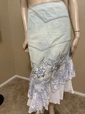 Women  s Blue Denim Cotton Beaded Embroidered Zip Boho Size L 8-10 Skirt SK 715