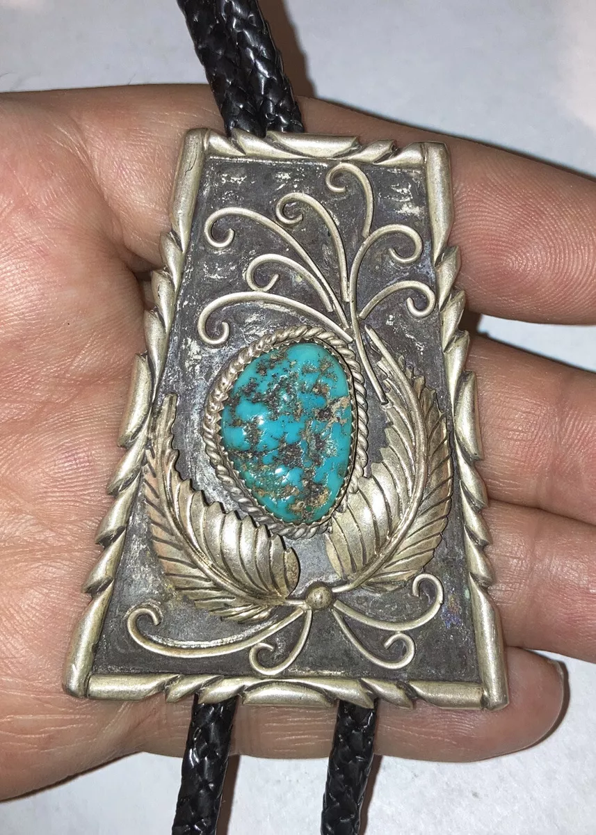 Vintage Navajo Old Pawn sterling silver Leaf turquoise Bolo Tie Native American