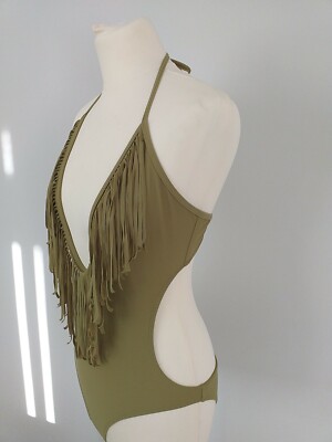 Boohoo Swimwear Swimsuit Size 12 Khaki Green Halter Neck High - Main Image