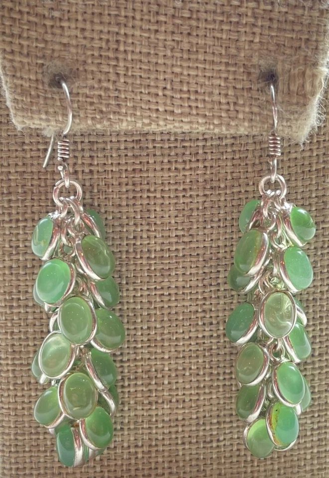 Cluster Steampunk Boho Dangle Earrings Cabochon Resin Light Green Sterling 2.25" - Image 2 of 4