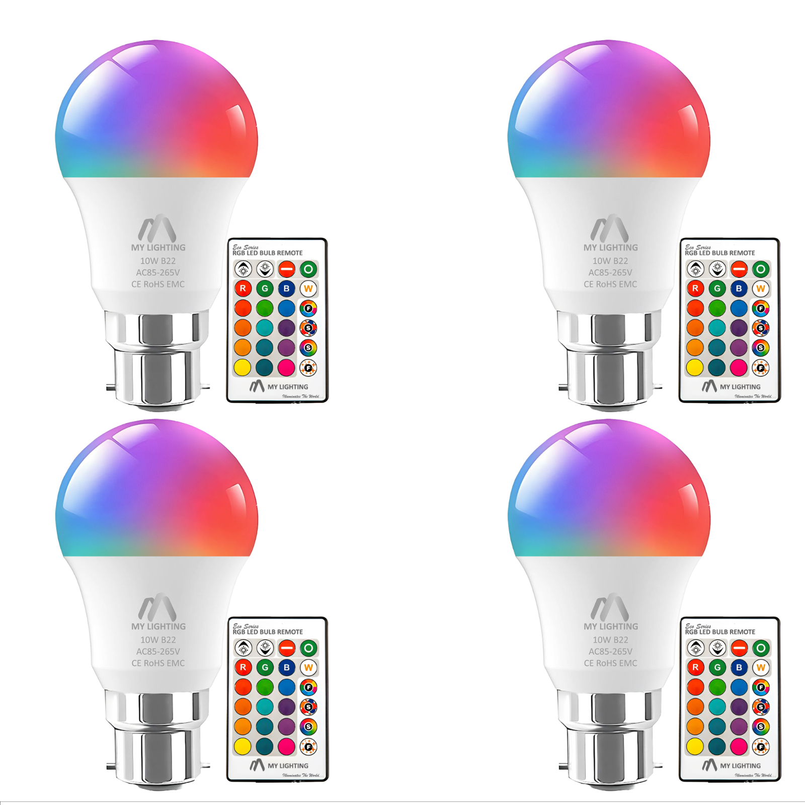 RGB LED Bulbs 10W B22 with Remote | Dimmable | 16 Colours + 6500K White | 4 Pack