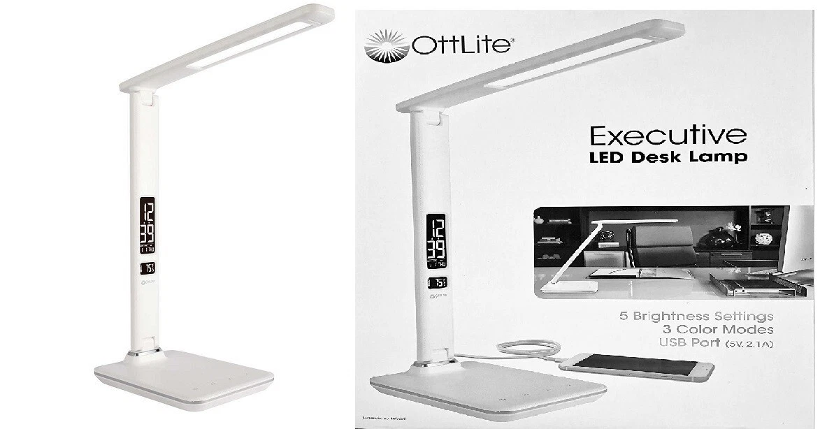 NEW Ottlite Executive White Desk Lamp 2.1A USB Charging Port AY8G5JUSB Alarm