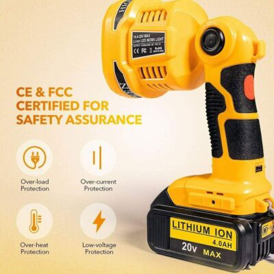 12W 1120LM 20V Max LED-Arbeitsleuchte mit Dewalt 20V Li-Ion Akku und USB Outdoor