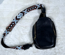 Black Sling Bag Vegan Leather Crossbody Bag Womens Knit Threaded Strap