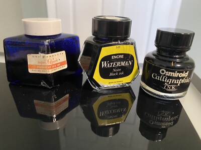 Lot of 3 Ink Bottles New Parker Super Quink Red Waterman and Osmiroid Black Used