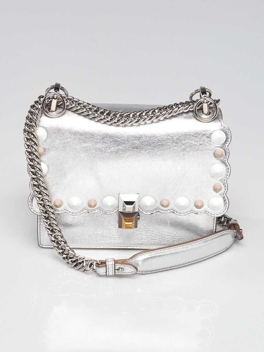 Fendi Silver Scalloped Leather and Pearls Mini I Kan Chain Shoulder Bag  8M0381