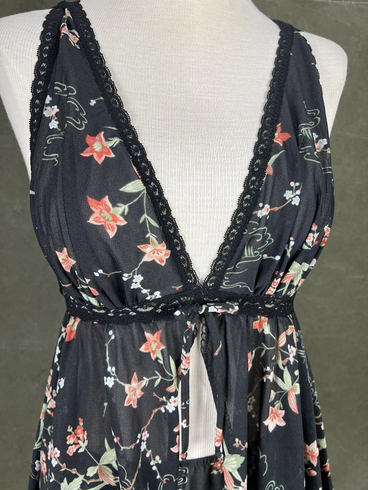 Lencería Vintage Dos Piezas Miss Elaine Negro Estampado Floral Babydoll Bragas Años 70  Foto 2 de 4