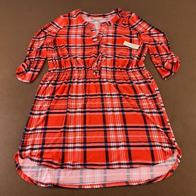 Bobbie Brooks Women's Size 1X red Plaid Drawstring Waist 3/4 Sleeve Dress NWT
