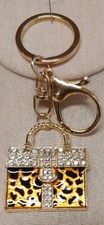 Mini Handbag Bag Charm Keychain Keyring Enameled Leopard Gold Bling