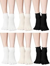 6 Pairs Ruffle Toe Socks Women Cotton Crew Socks Medium Black, White