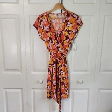 Nine West Floral Faux Wrap Dress Size XS 70s Groovy Stretch Colorful Hippie NWT